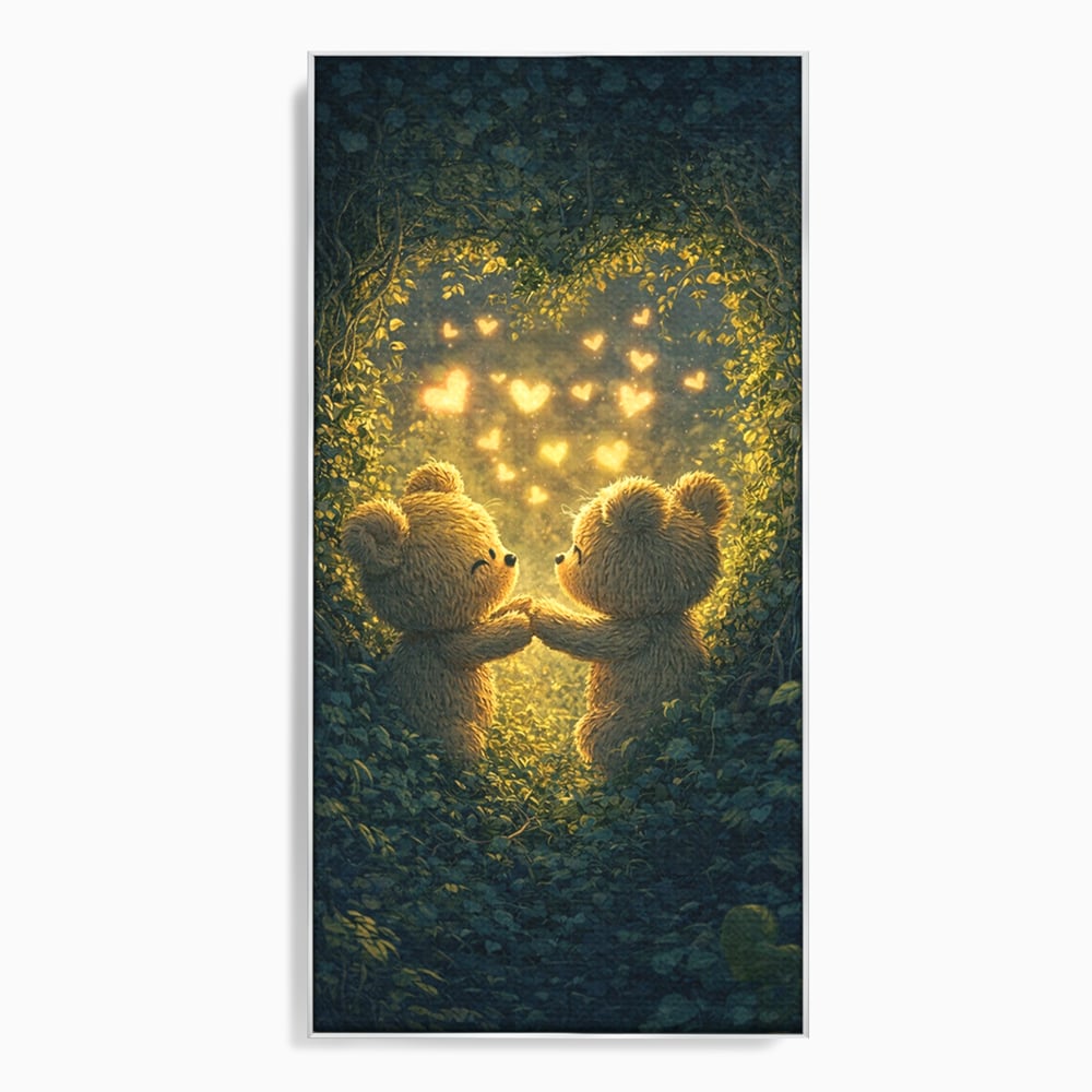 Tablou canvas cu doi ursuleti pufosi in padure, in rama de aluminiu argintiu
